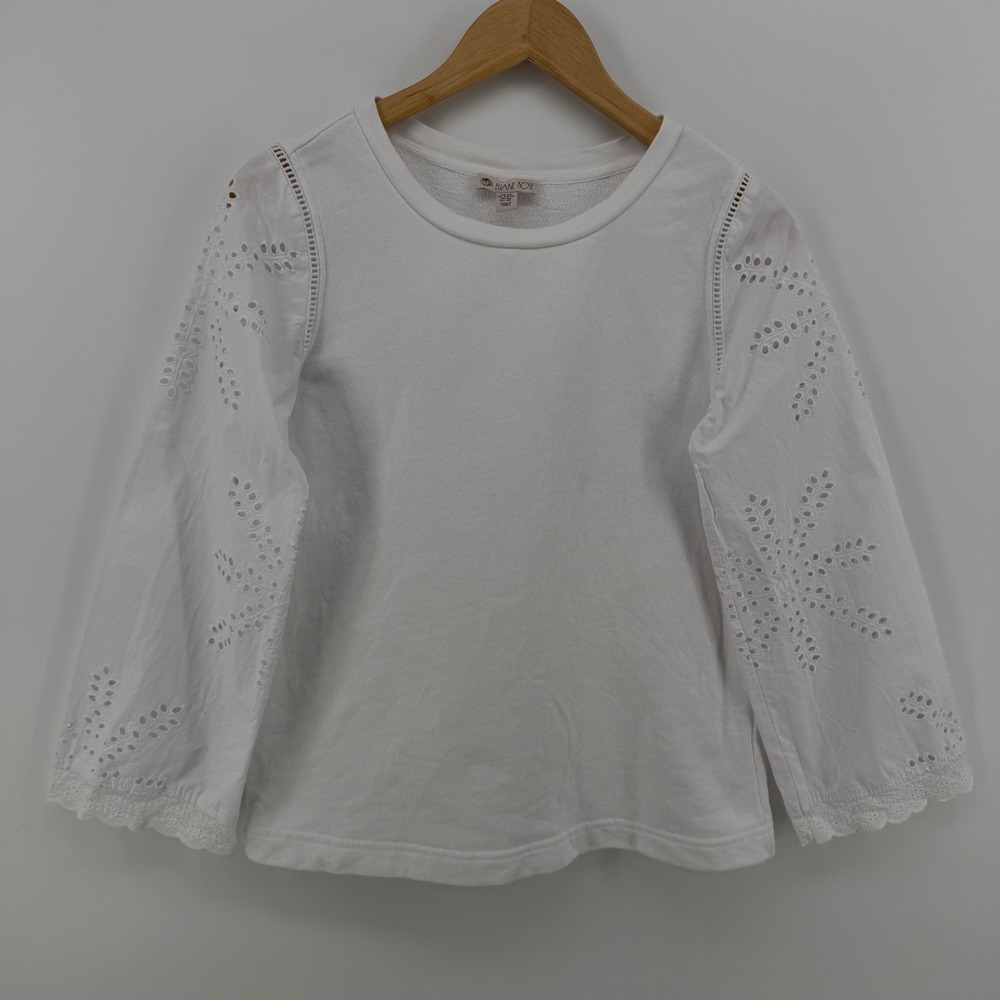 Eliane Rose Womens White Eyelet Balloon Sleeve Sweatshirt XS